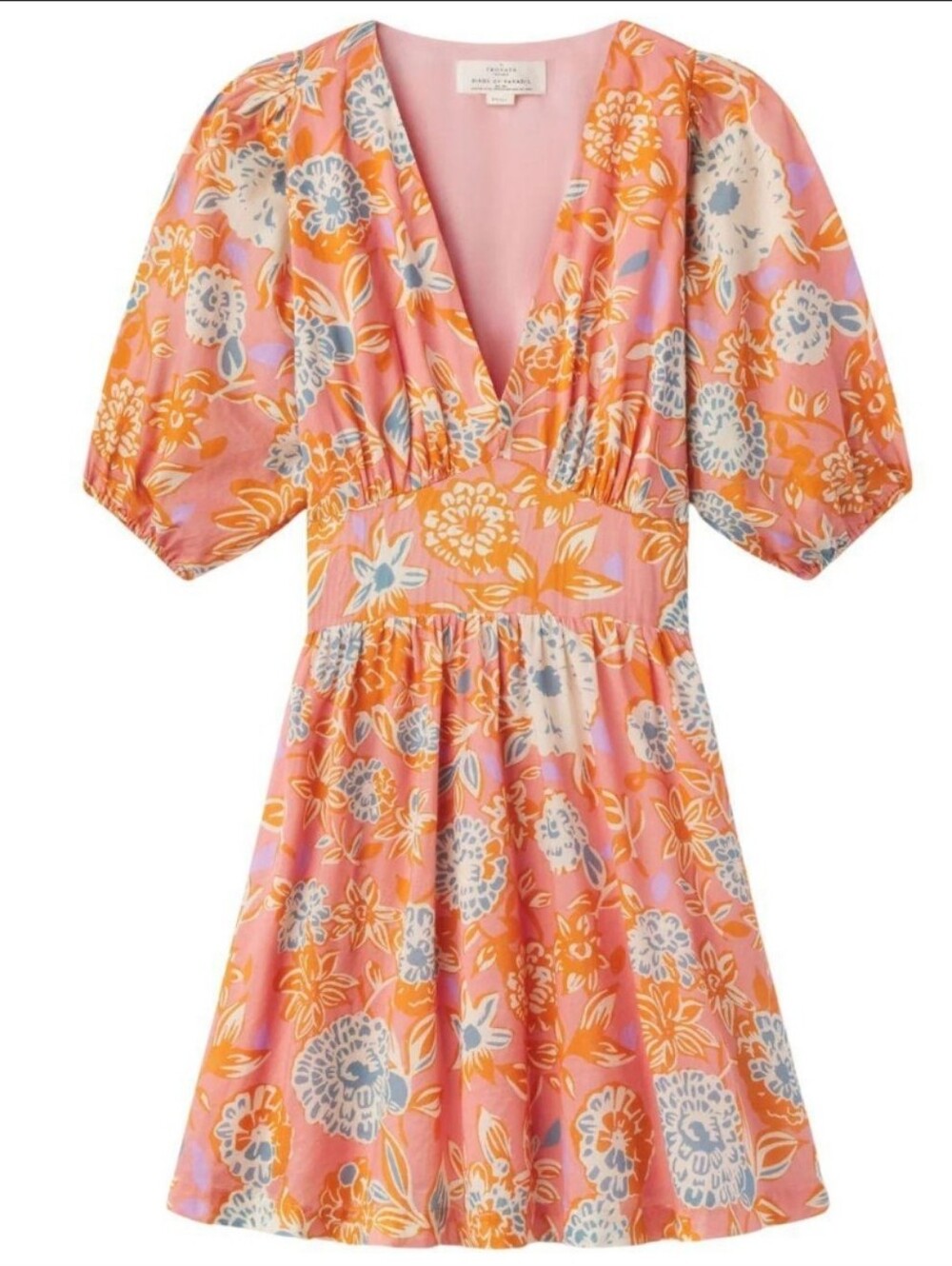 NWT Birds of Paradis Gia Puff Sleeve V Neck Mini Dress Size XS Dahlias Pockets